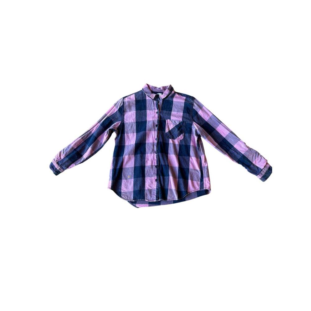 Time and Tru Women's Flannel Shirt L Pink Navy Buffalo Check Band Collar